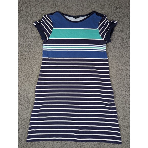 Lands End Shirt Dress M Blue Striped Short Roll Tab Sleeve Stretch Pockets! - Picture 1 of 13